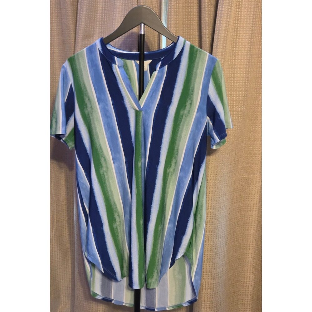 Cato Short Sleeve Striped V-Neck Tunic Women's Size Small Blue Green